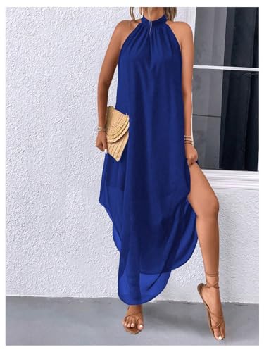 Image of Verdusa Women's Wedding Guest Dress Halter Flowy Chiffon Long Dresses | Cocktail Dress, Asymmetrical Dress for Women, Sleeveless, Prom Dress, Cruise Outfits, Boho