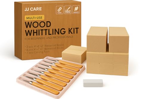 JJ CARE Wood Carving Kit [8 SK7 Carving Knives with Beechwood Handle, 10 Basswood Carving Blocks, and 1 Grinding Stone] - Beginner Wood Carving Kit, Wood Carving Tools Set, Wood Carving Set for Kids