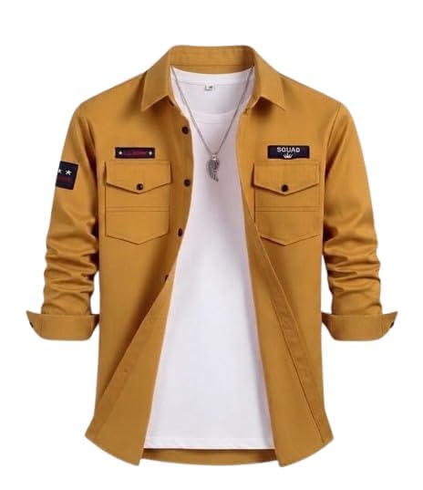 Men's Cotton Shirt, Military Patch Detail, Long Sleeve, Casual Style with Chest Pockets-picture-32