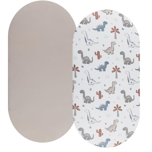 Image of Bassinet Sheet Set 2 Pack Snug Fitted Cradle Fitted Sheets, Stretchy Ultra Soft, for Oval Rectangle Hourglass Bassinet Mattress, Unisex Boy Girl, Cream & Dinosuar