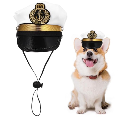 Captain Hat for Dog, White Navy Cosplay Hat with Adjustable String, 5.12x3.54x1.57 inches Pet Dress-Up Headdress, Funny Photo Pr