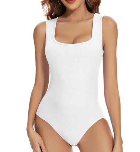 Qukayang Plus Size White Bodysuit for Women Ribbed Tank Top