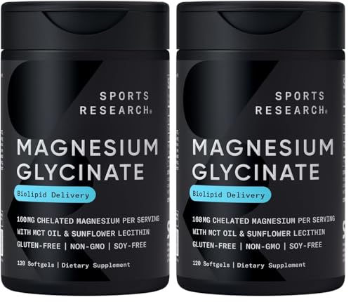 Image of Sports Research Magnesium Glycinate - Suports Restful Sleep & Enzymatic Processes - 160 mg Chelated Magnesium - Liquid Softgel - 120 Count (Pack of 2)