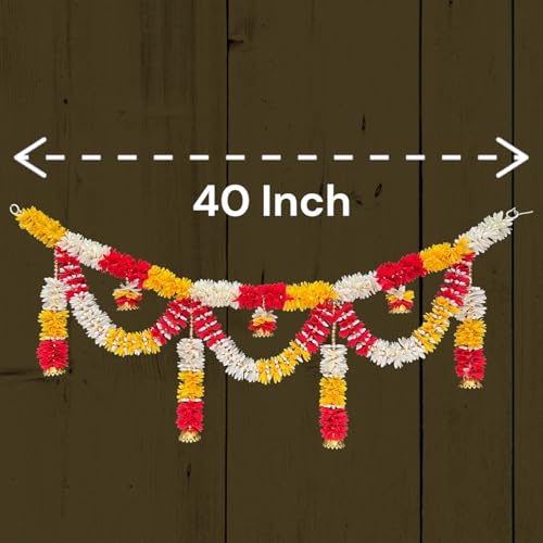 Image of iHandikart Handmade Beads Toran with Golden Beads, Bell Bowl & Gajra, Traditional Door Used for Home, Festive Decoration & Housewarming, Size 40x11 Inches (T0036)