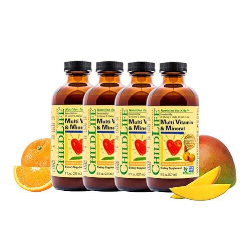 CHILDLIFE ESSENTIALS Kids Multivitamin & Mineral - Vitamins for Kids Liquid Multivitamin Supplement for Toddler & Baby Wellness - Natural Orange & Mango Flavor 8 Fl Oz (Pack of 4)