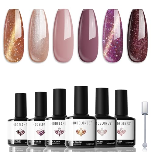 Modelones Cat Eye Gel Nail Polish Set 6 Colors, Glitter Magnetic Gel Polish Set Dark Purple Gold Shiny Chrome Diamond Nail Gel Polish DIY Manicure Kit