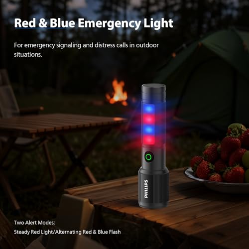 Image of Philips Torch Rechargeable, 7W Magnetic Torch & Side Bright Light, 330 Lumens Emergency Flashlight, 325M Coverage, 2000mAh Battery, Telescopic Zoom, Lightweight Flash Light for Home, Camping, Hiking