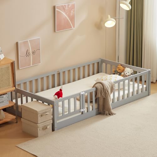 Image of Karl home Toddler Floor Bed with Door and Fence for Kids, Montessori Bed with 12 Slats and Safety Guardrails,Kids Bed Solid Wood Twin Bed Frame for Girls, Boys (Grey)