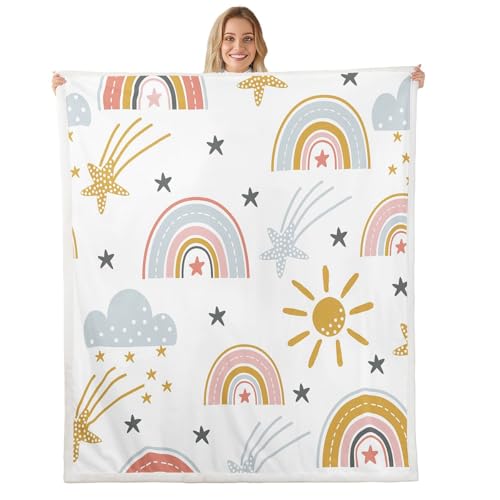 Image of Erosebridal Girls Rainbow Sun and Stars Plush Bed Blanket Baby Size for Kids Boys Children Cartoon Style Cloud Fleece Microfiber Warmth Floor Throw Fuzzy Decor