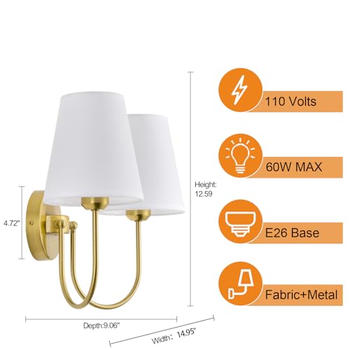 Image of White Fabric 2 Light Wall Sconce | Hardwired, Double Headed, Cloth Shade, For Bedroom, Bathroom & Hallway, Direct Wire