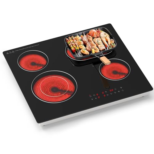 Borrallio Placa Vitrocerámica 60cm, Placa Eléctrica Empotrada de 4 Zonas con Zona Doble, Vidrio Negro con Control Táctil, Temporizador 99 Min, Bloqueo Infantil, Apagado Automático