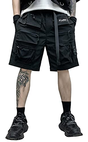 MOKEWEN Men's Dark Fashion Punk Complex Multi Zipper Pockets Techwear Jogger Cargo Shorts Black 28-29