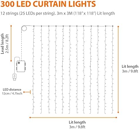 ANSIO Curtain Lights Indoor Battery Operated 3m x 3m with 300 LED Christmas Fairy Lights 8 Modes/Timer/Remote/USB Outdoor Hanging Lights for Window, Bedroom Wall, Garden, Party Decorations Multicolour