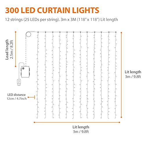 ANSIO Curtain Lights Indoor Battery Operated 3m x 3m with 300 LED Christmas Fairy Lights 8 Modes/Timer/Remote/USB Outdoor Hanging Lights for Window, Bedroom Wall, Garden, Party Decorations Multicolour