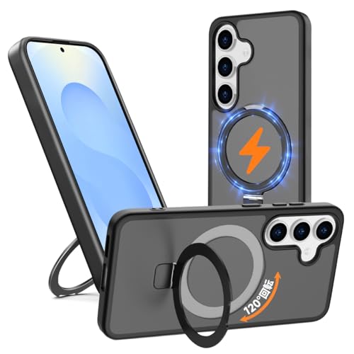 【 米軍MIL規格・Magsafe対応】Galaxy S25 用 ケース Magsafe対応 ワイヤレス充電フリップスタンド機能 縦横両対応 スマホケース ギャラクシーS25 米軍規格 耐衝撃 半透明 マット感 マグセーフ 防指紋 リング マグネット搭載 ぐーくるぴくせるGalaxy S25 カバー「ブラック」JCJCLY-GALS25CASE