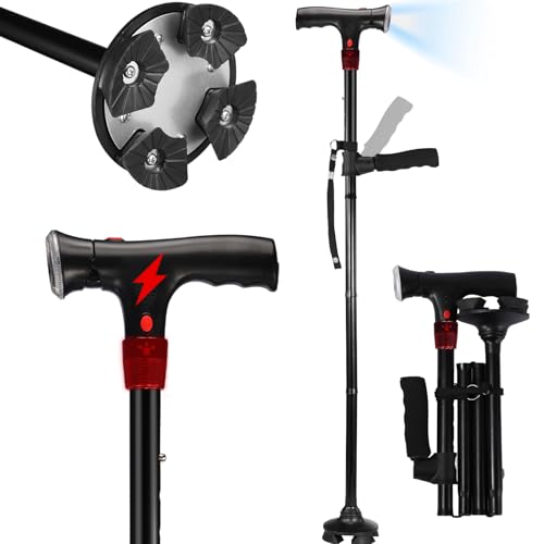 Walking Cane for Men & Women with Alarm LED Light and Foldable Handle Foldable Adjustable Lightweight Free Self Standing Walking Cane for Seniors & Adults