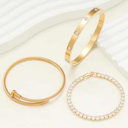 Gold Plated Bracelet Set, 3-Piece Stacking Tennis Bracelets with Cable Bangle and Rhinestone Cuff,Modern Style for Women Gold Jewelry Gift2