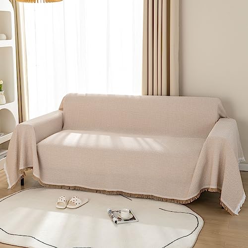 LHGOGO Jeté de Canapé Gaufré Réversible Avec Pompons - Pour Grand Canapé 2 ou 3 Places, Causeuse, Lit Double et Fauteuil - 180 x 230 cm, Kaki