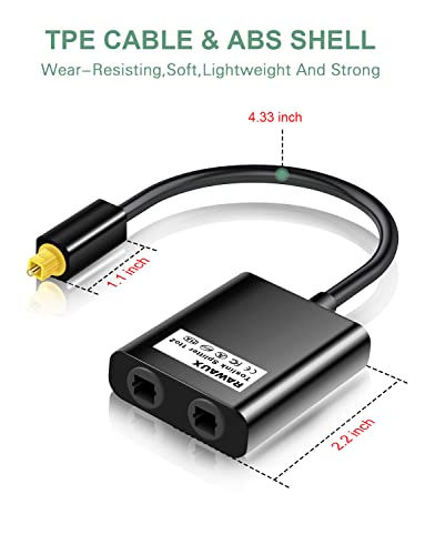 RAWAUX Toslink Splitter 1 in 2 Out Optischer Splitter Digital Audio Optisches Kabel Verteiler Optical Audio SPDIF Verteiler Optisches Audiokabel Adapter für TV, DVD, Verstärker, Soundbar (Schwarz)