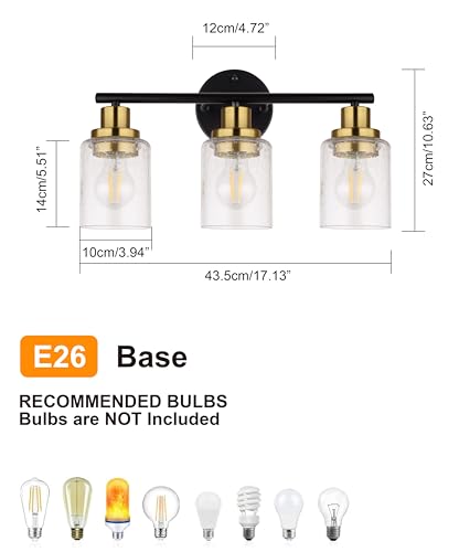 Image of Ldeco 3 Light Vanity Lights for Bathroom,Black and Gold Bathroom Light Fixture with Clear Bubble Glass Shade,Modern Wall Sconce Lights for Mirror,Bedroom,Living Room,Hallway Cabinet Porch,E26 Base