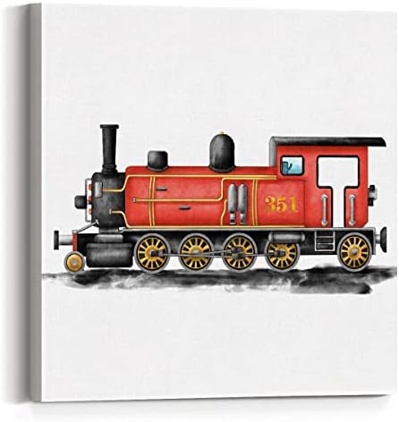 Watercolor Train Art Canvas Wall Art Transportation Steam Locomotive Painting Print Vehicles Canvas Framed Artwork Nursery Wall Decor for Home Bedroom Kids Playroom 12x12 Inch (red)