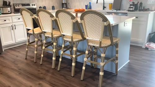 Image of PURPLE LEAF French Bar Stool Set of 2 Bamboo Print Finish Patio Bar Stools with Back Rattan Bar Chairs Wicker Bar Height Stool 30 inch with Footrest Kitchen Island Stools Outdoor Barstool Cream Yellow