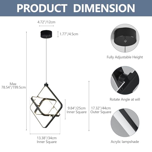 Image of Modern LED Pendant Lights Plated Black Rectangular Pendant Light Fixtures 4000K 35W Dimmable Pendant Lighting for Dining Room Kitchen Island Bedroom Living Room Foyer(3-Ring)
