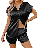 Ekouaer Silk Satin Pajamas for Women Button Up Pjs 2 Piece Summer Short Sleeve Lounge Sets V Neck Sleepwear Black L