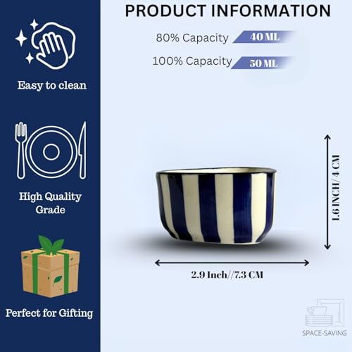 Image of Handcrafted Blue Striped Ceramic Dip Bowls Set of 6 | Elegant Snack & Sauce Bowls | Microwave Safe, 50 ml Each