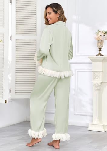 Image of Brosloth Womens Silk Pajamas Set Long Sleeve Satin Button Up Sleepwear | Cute Soft Fall Pjs Sets, Lace 2 Piece Lounge Set, Elegant Bridesmaid Pajama, Skin Friendly Sleepwear for Wedding, Honeymoon