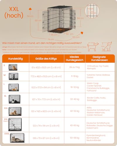 Feandrea Hundekäfig, klappbar, mit 2 Türen, ausziehbare Kunststoffschale, 122 x 74 x 114 cm, XXL, hoch, schwarz PPD050B01