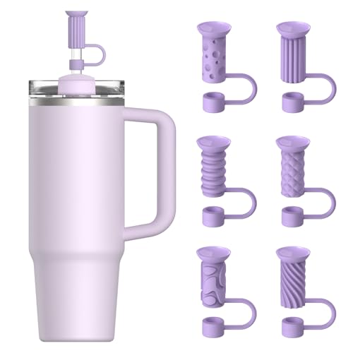 YOTIME Silicone Straw Covers Cap 6 Pcs Reusable 0.39in/10mm Suction Cup Straw Toppers for Stanley Cup 40 30 oz Purple