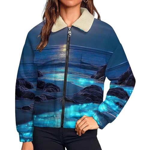 Veste polaire femme grande taille chaude et veste courte à imprimé paysage hiver