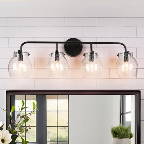 Image of KSANA Black Bathroom Light Fixtures, 4 Light Matte Black Vanity Lights for Bathroom with Seeded Glass Globe, 29 inch Modern Farmhouse Bathroom Lights Over Mirror