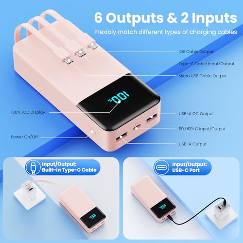 Image of Portable Charger 50800mAh Power Bank with 3 Built in Cables,25W PD QC4.0 Fast Charging USB C Battery Pack,6 Outputs 2 Inputs Travel Essentials Phone Charger for iPhone 17 /16 /15,Google,Android,Pink