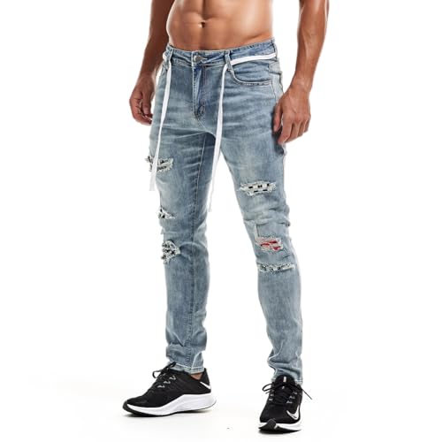 XYGJZ Men's Distressed Denim Pants Ripped Light Blue Jeans Slim Fit4