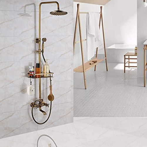 Saeuwtowy Colonne de Douche Laiton Antique Ensemble de Douche Système Ensemble Mitigeur Pommeau Fixe Douchette Pommeaux de Douche à Effet de Pluie de 8 Po Robinet de Douche de Baignoire