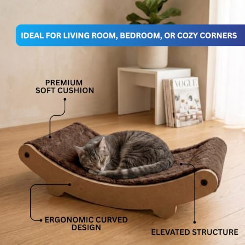 Image of Cat Hammock Bed with Plush Cushion, Wooden Curved Rocker Design, 23x13x6 Inch, Premium Comfort Lounger for Cats (FURR-162) (Brown)