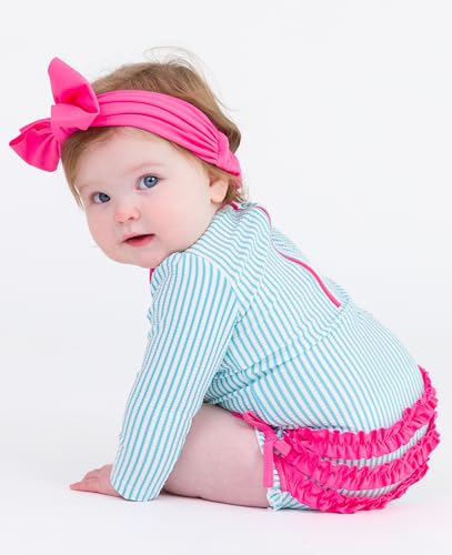 Image of RuffleButts Baby-Girls Seersucker Long Sleeve Rash Guard - One Piece Swimsuit UPF 50+ Toddler