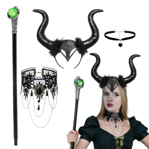 HSYWSH Halloween Cornes de Diable Noir Bandeau Corne de Démon, Cornes de Diable, Ensemble de Collier en Dentelle, Avec une baguette pour Carnaval, cosplay fête d'Halloween (Noir A)