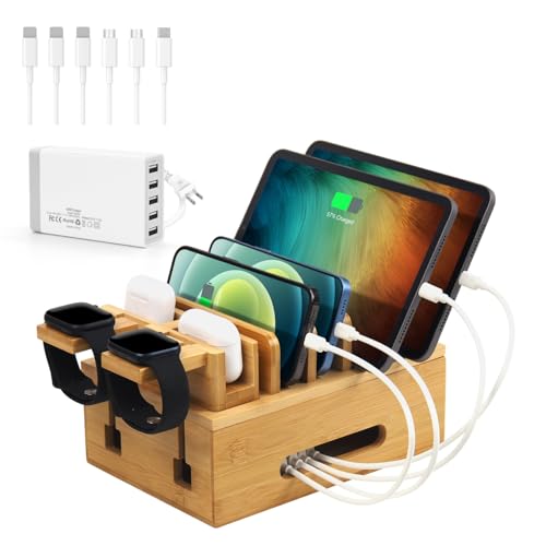 Bamboo Charging Station for Multiple Devices, Multi-Port USB Charger Organizer