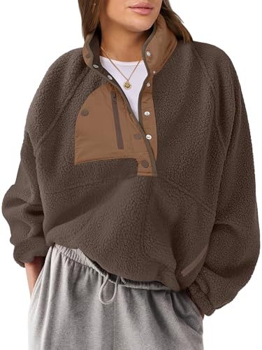 ANRABESS Women Fuzzy Fleece Pullover Sherpa Sweatshirt Long Sleeve Button Down Warm Soft Loose Sweater Jackets with Pockets