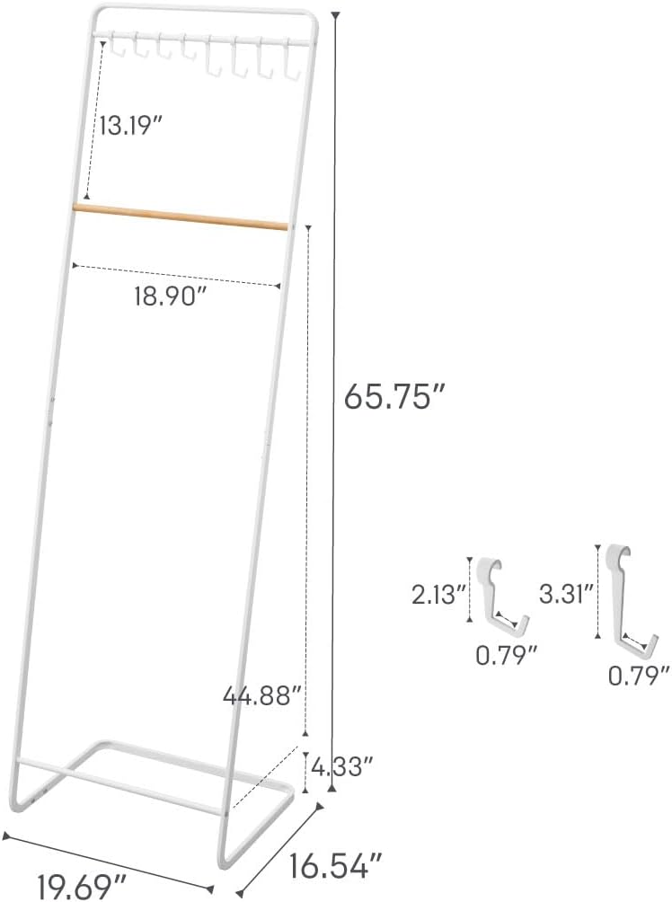 White Steel Freestanding Coat Rack with Wooden Bar and Hooks