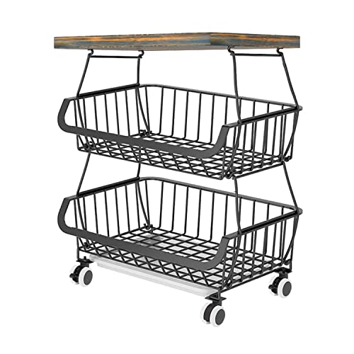 Beaugreen Stackable Kitchen Storage Baskets with Tabletop Metal Fruits Vegetables Basket Shelf Organizert Utility Rolling Cart for Kitchen,Pantry,Bathroom,Garage(3-Tiers/woodtop)