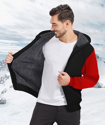 Mens Fleece Hoodies Zip Up Warm Thick Winter Jacket Black and Red - image 2