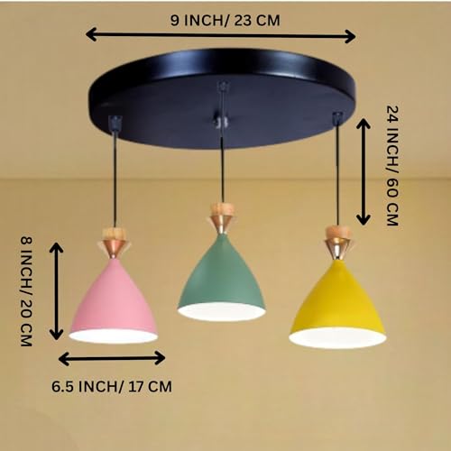Image of 3 Light Cluster Hanging Bell Shade Light (Pink, Yellow, Green) Aluminium Hanging Pendant Light Drop, Antique Modern Ceiling Lamp (Bulb is not Included) 3 Light Cluster Set