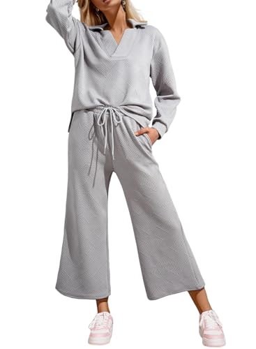 SHEWIN Womens 2 Two Piece Outfits Long Sleeve Collared V Neck Polo Shirts Matching Sweatsuits Drawstring Wide Leg Pants Fall Lounge Sets for Women,Light Grey,XXL