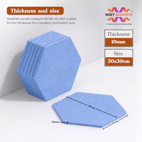 Image of MMT Acoustix HexaFelt Bevelled Acoustic Panels, Luxury Sound Absorbing Felt Wall Panels for Home, Office & Studios | VOC Free, 30x30 cm, | Pack of 7 | Carolina Colour