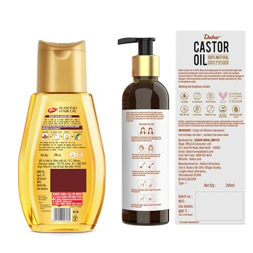 Image of Dabur Almond Hair Oil 900ml (300ml*3) & Dabur Castor Oil | 100% Natural Cold Pressed Oil | Promotes Hair Growth, Hydrates Skin & Reduces Wrinkles | No Mineral Oil & Silicones - 200ml
