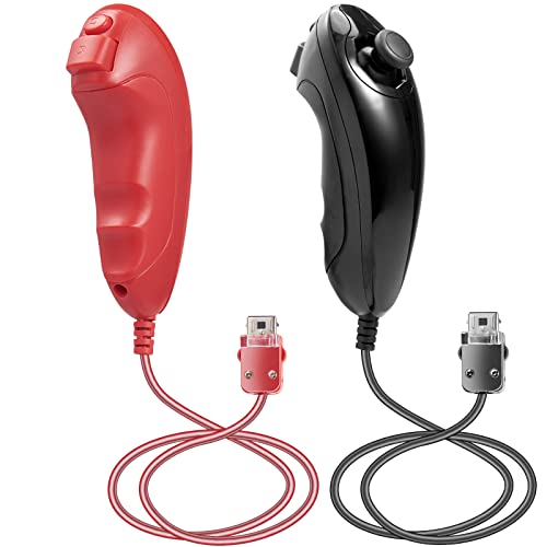 2 Pack Nunchuck Controller for Wii, MODESLAB Gampad Joystick Remote Replacement Compatible for Wii Wii U Game (Black/Red)